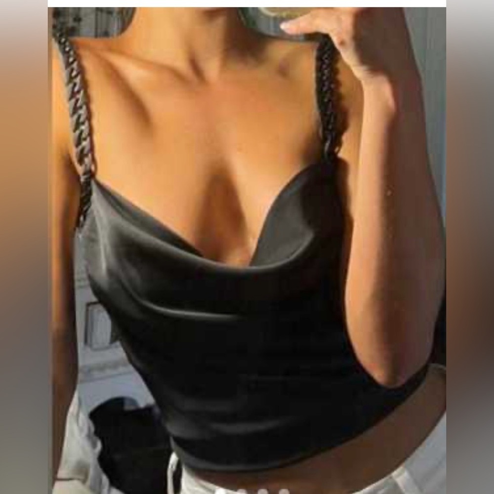 NEW Zara Black Satin Camisole with Chain Straps